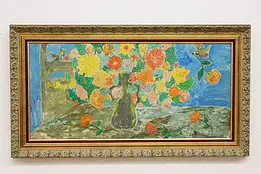 Flowers & Birds Vintage Original Clay Painting, Signed 54" #44927