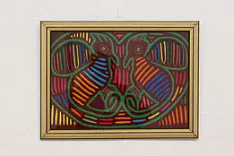 Latin American Kuna Folk Art Vintage Framed Mola Textile, Birds, Panama #44664
