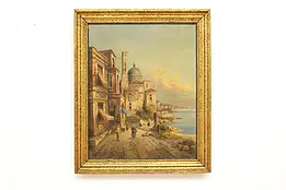 Italian Ocean Town Antique Original Oil Painting Delater 32" #45231