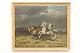 Herding Wild Horses Vintage Original Oil Painting, Viski 34" #45145