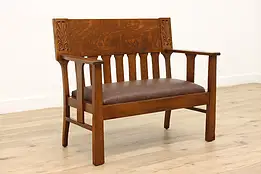 Arts & Crafts Mission Oak Antique Hall Porch Bench, Leather #45169