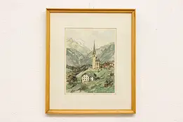 Austrian Alps Village Vintage Original Etching Figuera 19.5" #44635