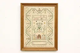 Hand Stitched Vintage Framed Child Sampler, Chestnut Frame #46077