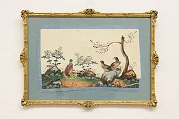 Asian Birds Antique Original Watercolor Painting on Silk 17" #46522