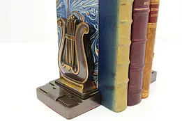 Pair Vintage Bronze Finish Harp Lyre Bookends Philadelphia #45549