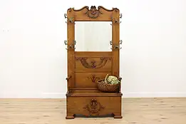 Victorian Antique Carved Oak Hall Stand,Storage Under Bench #47033