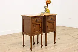 Pair of French Design Vintage Carved Oak Nightstands, Marble #47219