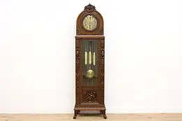 Carved Oak Antique German Grandfather Tall Case Clock Angels #44306