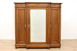 Italian Antique Triple Walnut Armoire Wardrobe Closet Mirror #40281