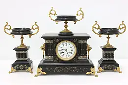 French Antique 3 Pc Marble & Slate Mantel Clock Set, Lions #39346