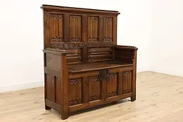 Gothic 1790s Antique Carved Hall Porch Bench, Lift Lid, Lock #48714