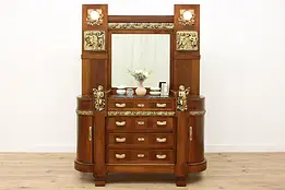 Italian Antique Walnut Dresser Marble, Lights Bronze Cherubs #48679