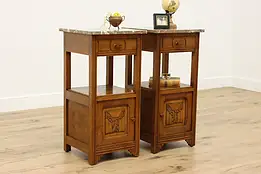 Pair of Antique Oak & Marble Nightstands End Tables Bakelite #48691