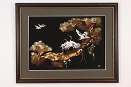 Red Crowned Cranes Vintage Framed Chinese Silk Embroidery #49381