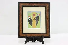 Three Woodpeckers in Tree Vintage Original Print 10.5" #49199