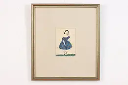 Portrait of Girl Antique Original Watercolor Painting 14.5" #49730
