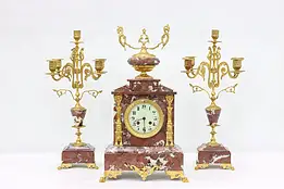 French Antique 3 Pc Marble & Gold Mantel Clock Set, Japy #37733