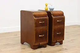 Pair Art Deco Waterfall Vintage Nightstands, Bakelite Pulls #49380