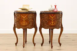 Pair of French Design Antique Carved Marquetry Nightstands #48929