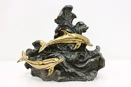Bronze Vintage Swimming Dolphins Patinated Sculpture Morales #50553