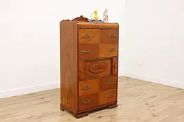 Art Deco Vintage Waterfall Highboy Chest Dresser, Marquetry #50449