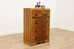 Art Deco Waterfall Vintage Walnut & Zebrawood Dresser #50741