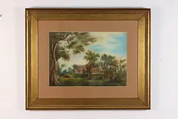 Victorian Farmyard Antique Original Pastel Painting 32" #50627