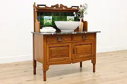 English Antique Oak Washstand Bar Console Tile Backsplash #51213
