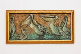 Pelicans in Lake Vintage Original Oil Painting, Kress 35" #50310
