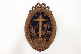 European Antique Carved Oak Religious Cross Wall Plaque #52375