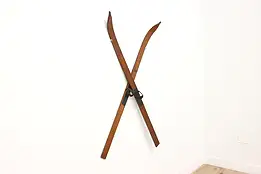 Pair of Vintage Farmhouse Fir & Leather Snow Skis, Strand #52751
