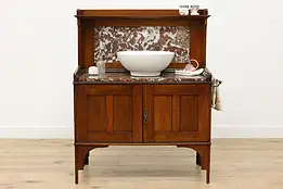 Arts & Crafts Antique Oak & Marble Washstand, Vanity or Bar #53176