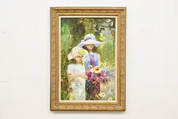 Summer Girls with Flowers Vintage Oil on Canvas, Tukey 44.5" #53339