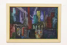 Modernist Cityscape Mixed Media Painting, Hall 40.5" #53342