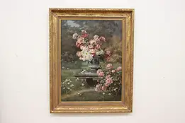 Garden Roses Vintage Original Oil Painting, Signed 61" #53570