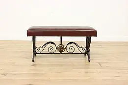 Spanish Colonial Ship Design Wrought Iron & Leather Bench #52247