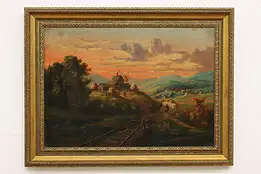 Country Sunrise Victorian Antique Original Oil Painting 42" #53591