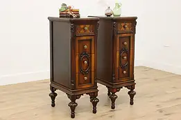 Pair English Tudor Walnut & Marquetry Nightstands End Tables #53706