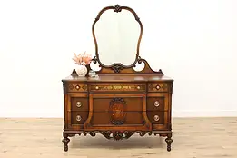 English Tudor Antique Walnut Marquetry Dresser Chest, Mirror #53704