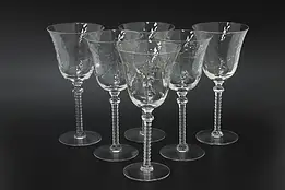 Set of 6 Vintage Goblet Wine Glasses, Etched Flowers #52982