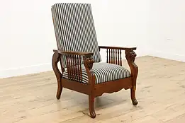 Victorian Antique Oak Recliner Morris Chair Lions New Fabric #54152
