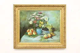 Ornate Still Life Flowers & Fruit Oil Painting, Medace 38" #54443