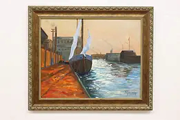 Boat on River Dock Vintage Original Oil Painting Maeder 37" #54671