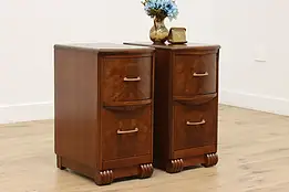 Pair Vintage Art Deco Carved Walnut Nightstands End Tables #54358