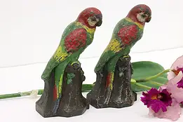 Pair of Painted Cast Iron Antique Parrot Door Stops Bookends #52830