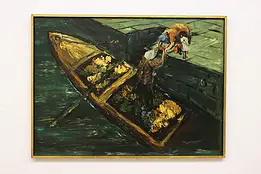 Canal Boat & Flowers Vintage Original Oil Painting, Cien 45" #54574