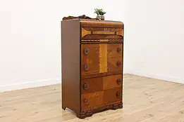 Art Deco Vintage Waterfall Walnut Tall Dresser, Glass Knobs #53895