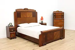 Art Deco Waterfall Vintage Walnut 4 Pc Queen Bedroom Set #53842