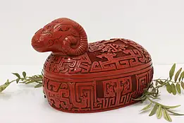Chinese Vintage Carved Cinnabar Lacquer Ram Keepsake Box #54788