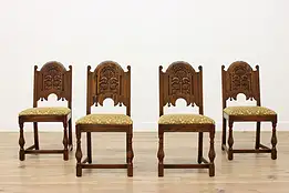 Set of 4 Tudor Antique Carved Oak Dining Chairs, Jamestown #54931